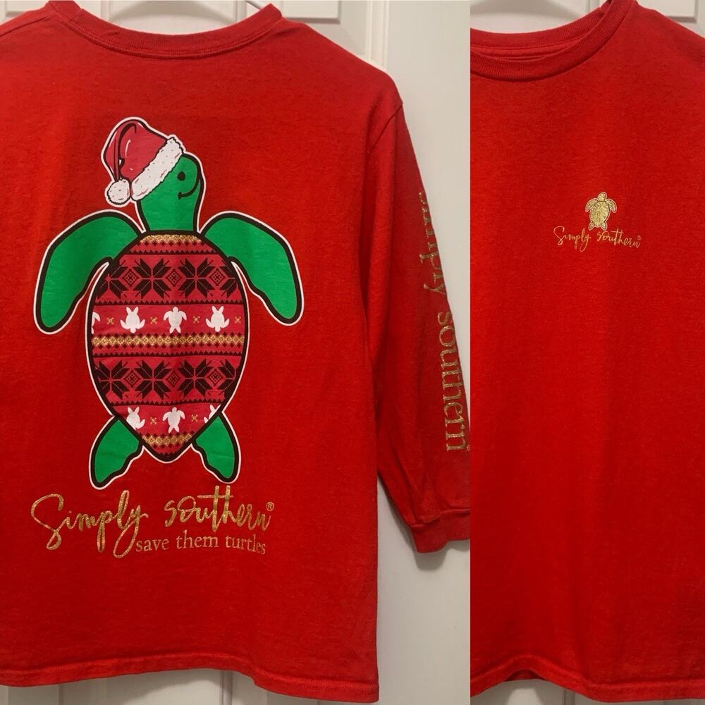 Simply Southern Youth M Red Christmas Turtle Long Sleeve Tee Save Them Turtles